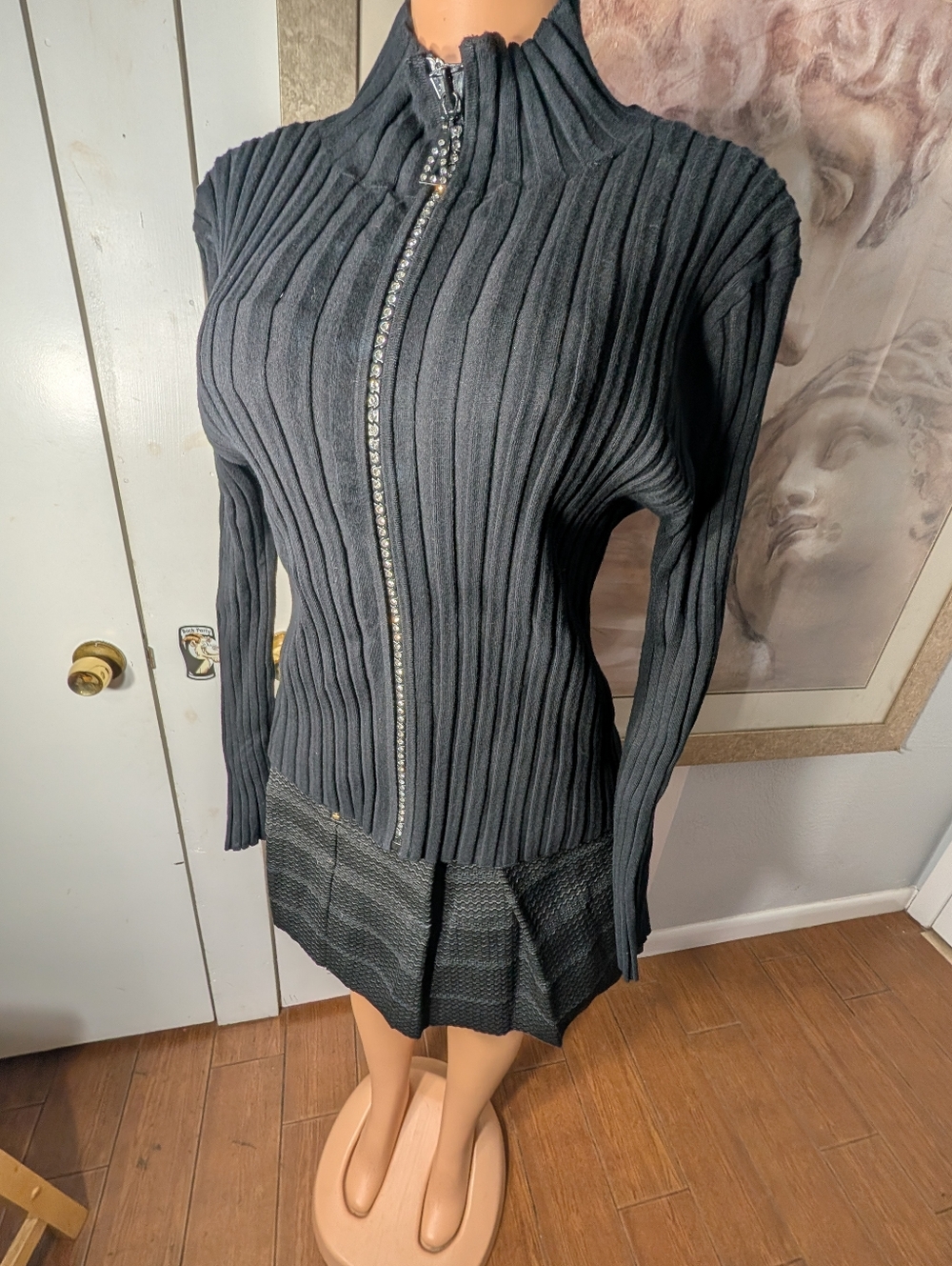 Belldini Black Ribbed Zip-Front Long Sleeve Knit Sweater Size XL